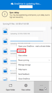 OneDrive settings menu